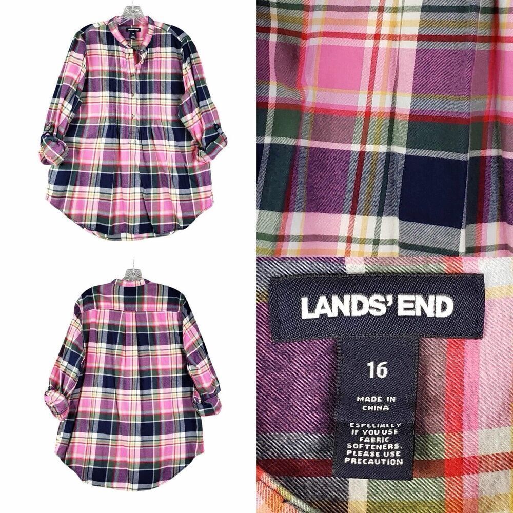 Lands End Button Down Shirt Plaid Cotton Long Sleeve Pink Women’s Size 16